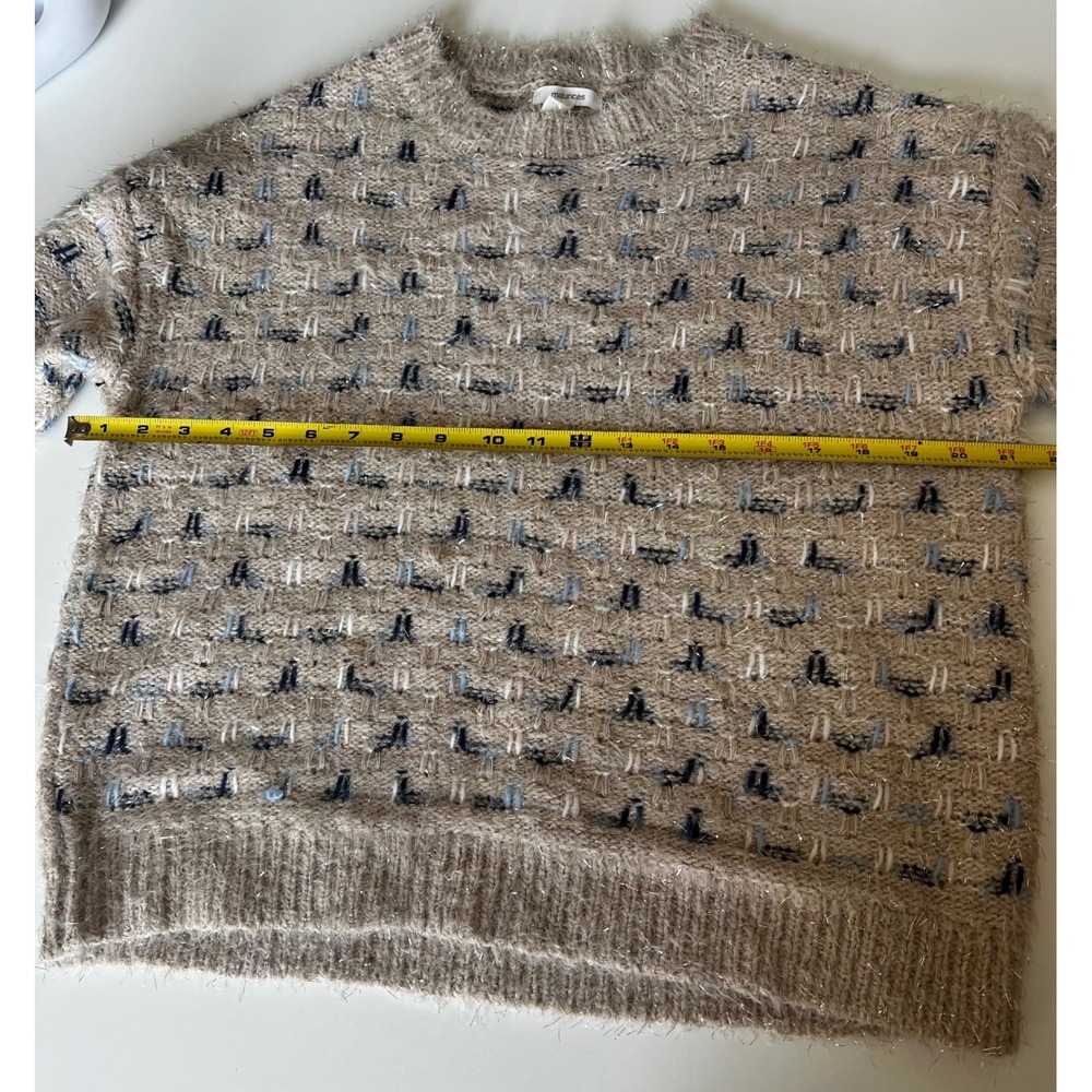 Maurice's Sweater Women's S Small Pullover Beige Blue Crew Neck Silver Tinsel - Picture 7 of 9